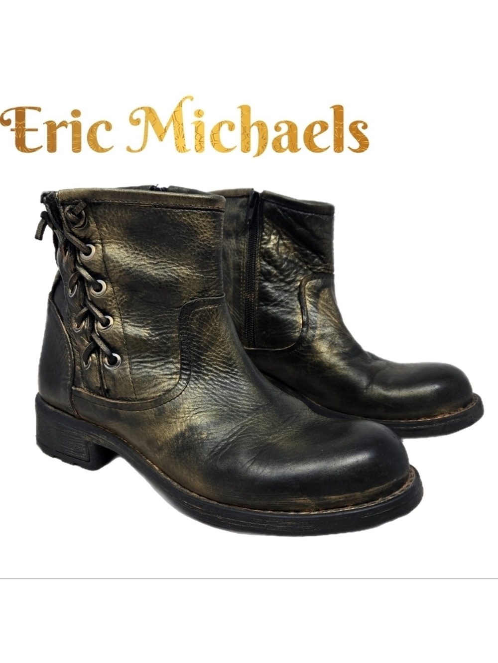 Eric Michael Dark Gold Metallic Womens Boots Sz 7.5 Brennero Moto Lace Up Detail